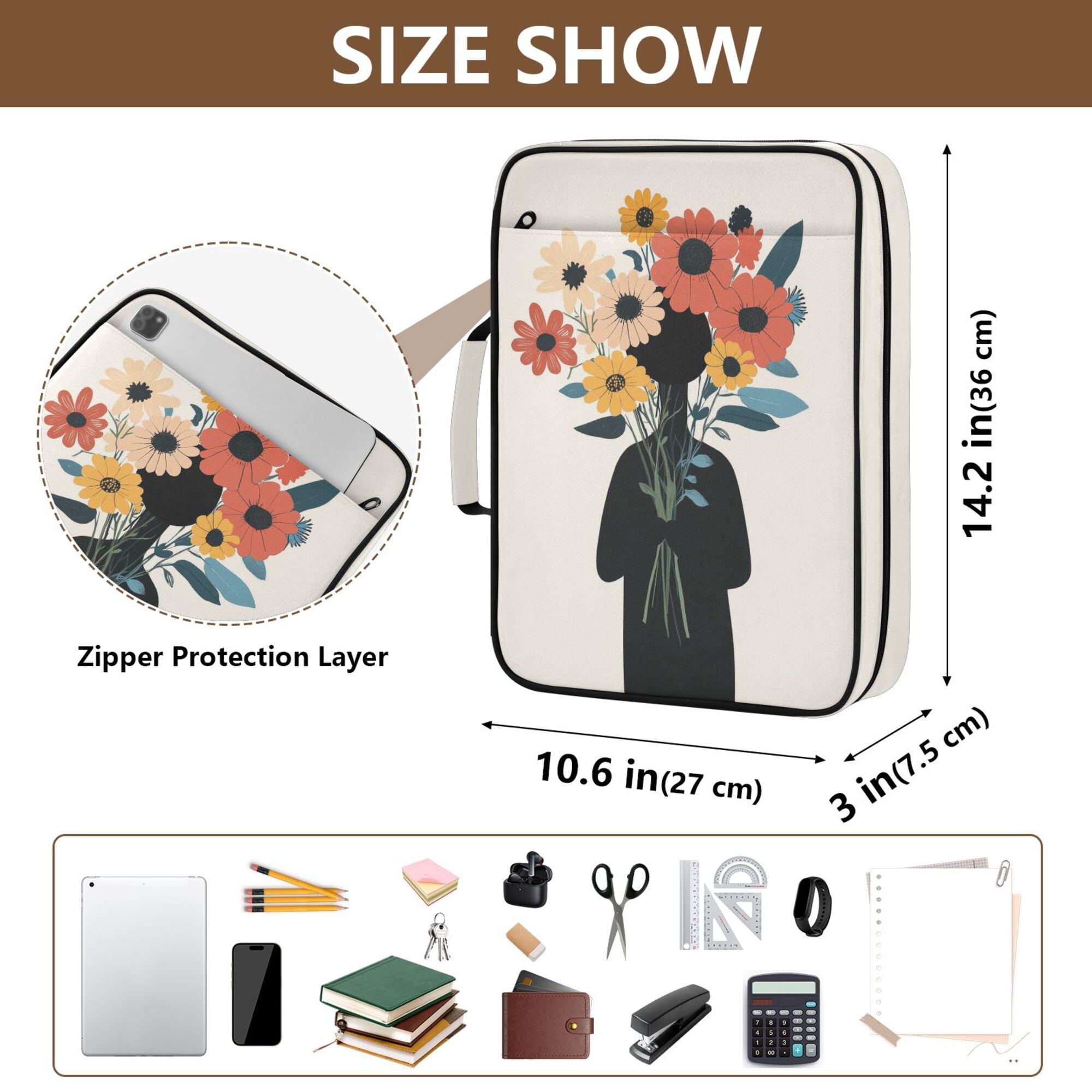 FORMRS Accordion File Folder A4 Size 7-Pocket Expanding Document Organizer Bag with 3 Ring Binder, Black Flowers
