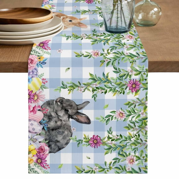 Easter Rabbits Table Runner 36 Inches, Spring Cute Bunny Eggs Flowers Leaf Blue Plaid Bed Runner Dresser Scarves Tabletop for Indoor Outdoor Parties/Ceremony/Banquet, 13"x 36"