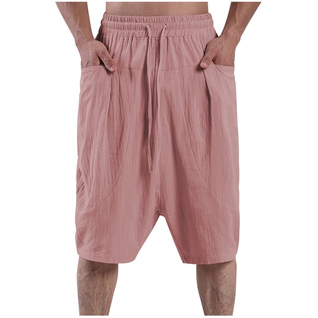 AherBiu Mens Workout Shorts Linen Cotton Gym Running Shorts with Pockets Casual Workout Basketball Shorts Solid Color