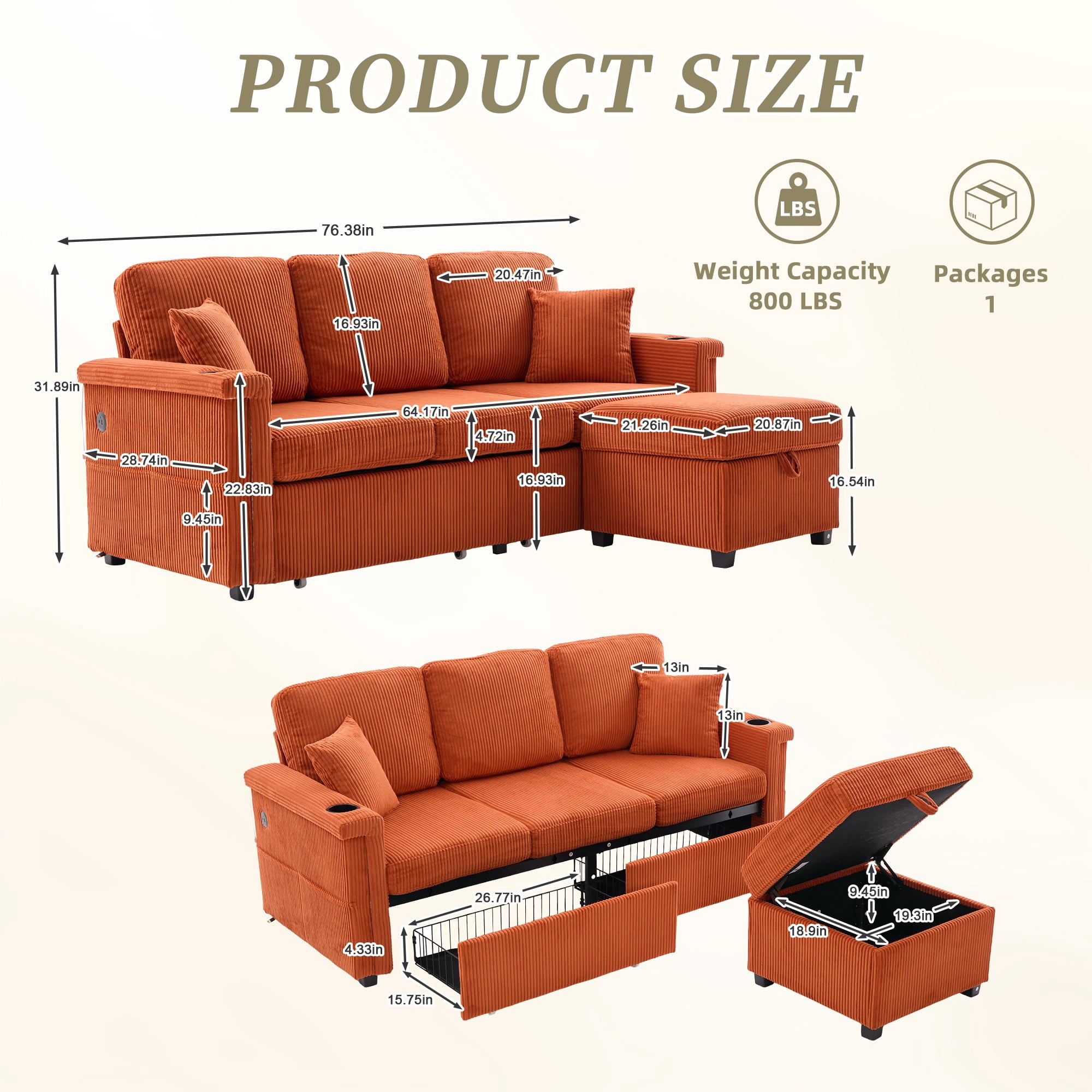 L-Shaped Sectional Sofa,Corduroy Convertible 3-Seat Sofa Couch with Pull-Out Storage,Ottoman for Living Room,Apartment,Orange