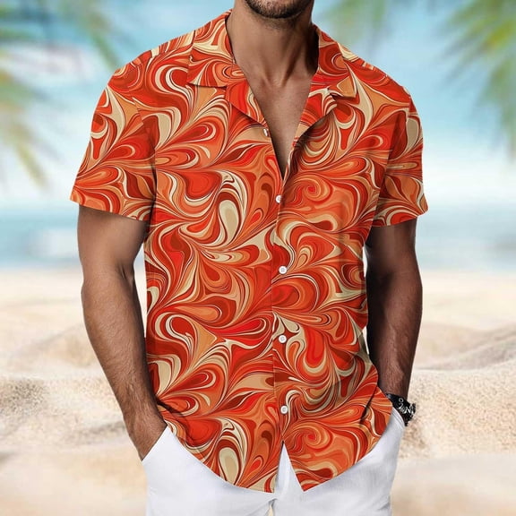 Men's Shirts Tropical Print Beach Short Sleeve Tops Summer Casual Button Down Collar Classic Hawaiian Mens Shirt Orange L