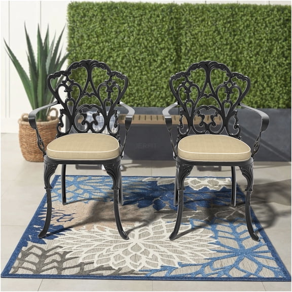 JERFIT 2-Pack Patio Dining Chairs with Cushions, All-Weather Cast Aluminum Armchairs for Outdoor Garden, Poolside, Black Frame with Beige Seat