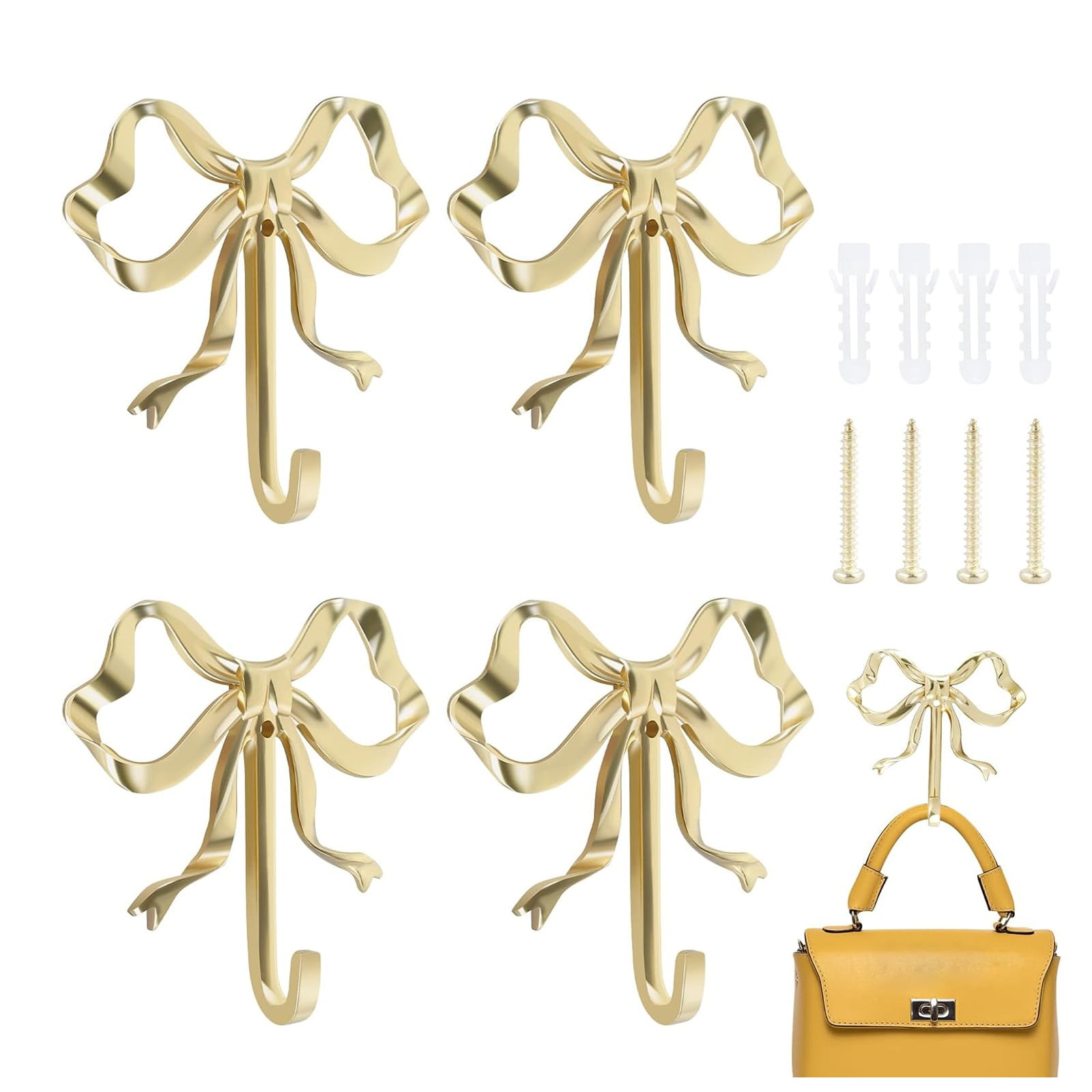 Command Hooks - Qyaukm 4-Pack Bow Shaped Hooks, Decorative Brass Wall Hooks for Towels, Hats, Bags, Keys, Bathroom Bedroom Living Room, Gold Bow Hangers S, 4X Brass Bow Hooks