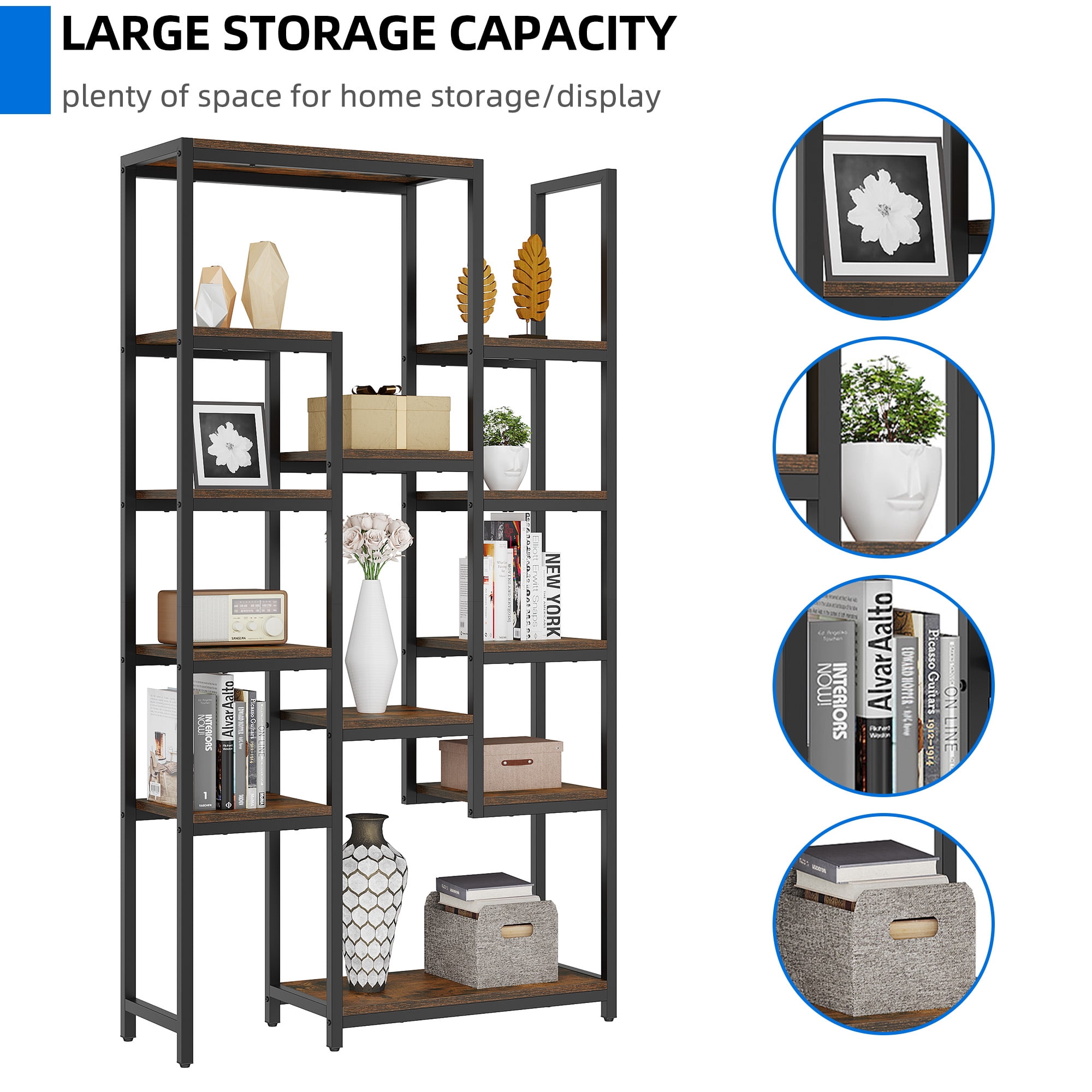 Dextrus 6 Tier Bookshelf, Tall Modern Free Standing Bookcase with 12 Shelf, Open Display Shelf Storage Book for Office Home, Black & Brown