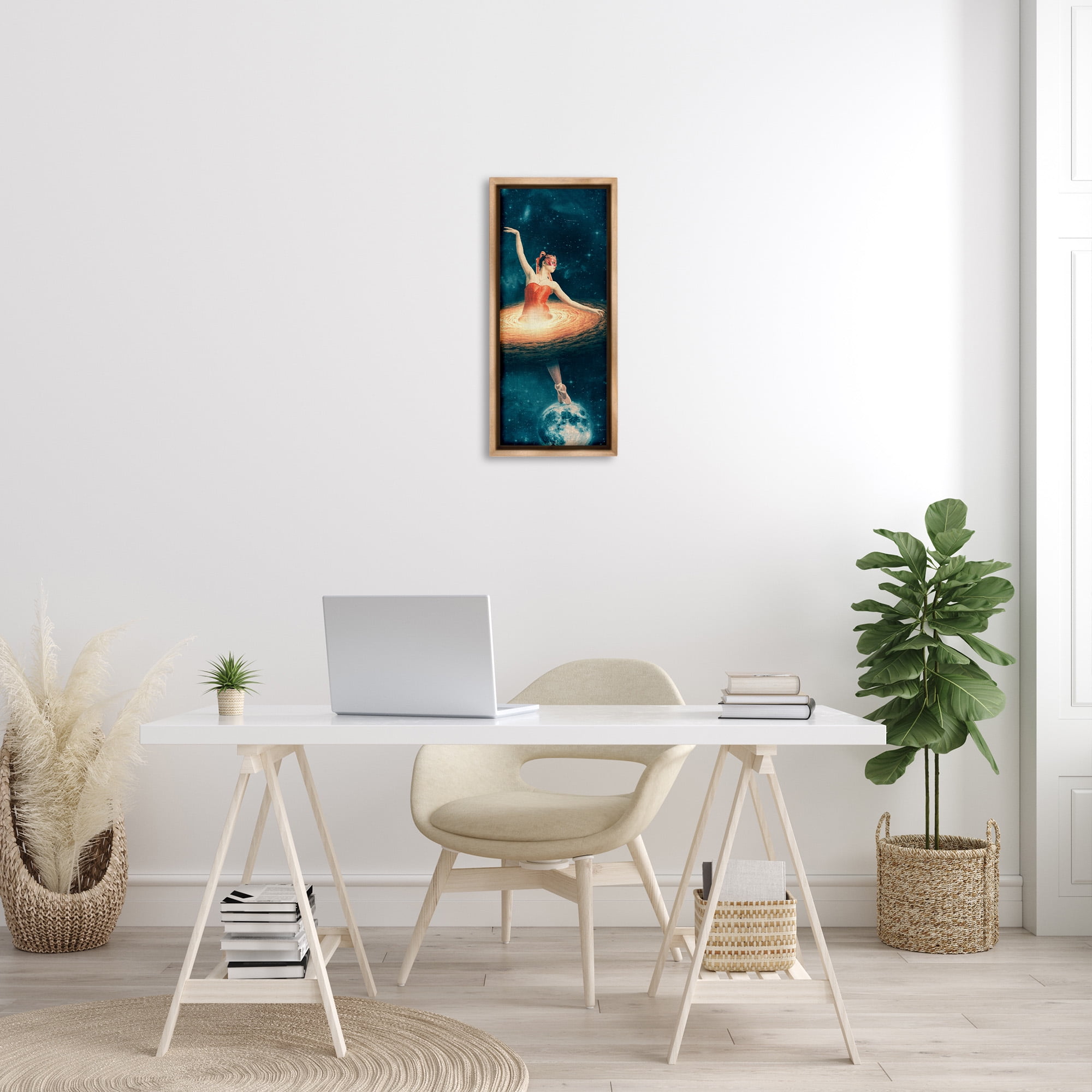 Stupell Industries Dancing Ballerina Surreal Nebula Dress Abstract Painting Brown Floater Framed Canvas Art Print Wall Art, 11 x 25