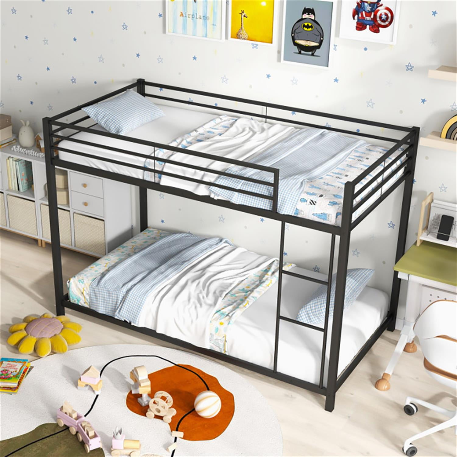 Demi Bonn Low Profile Twin Over Twin Bunk Bed with Full-length Guardrails, Sturdy Metal Twin Bunk Beds, Bed Frame, Black