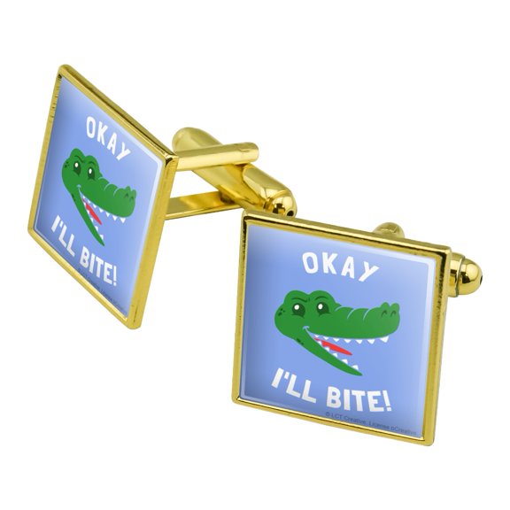 Okay I'll Bite Crocodile Alligator Funny Humor Square Cufflink Set - Silver or Gold