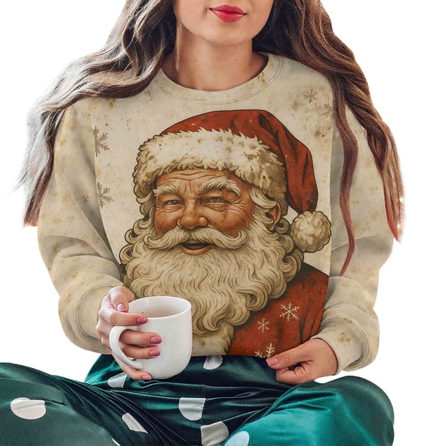 RXMEKW Chandail en Molleton Imprimé Vintage de Noël pour Femmes et Hommes, Chandail à Manches Longues et Col Rond, 95 % Polyester 5 % Spandex, Beige G