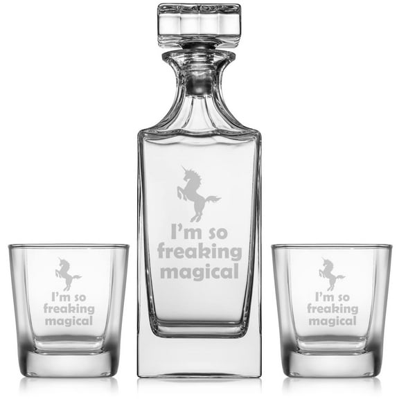 Whiskey Decanter Gift Set With 2 Whiskey Old Fashioned Rocks Glasses I'm So Freaking Magical Unicorn