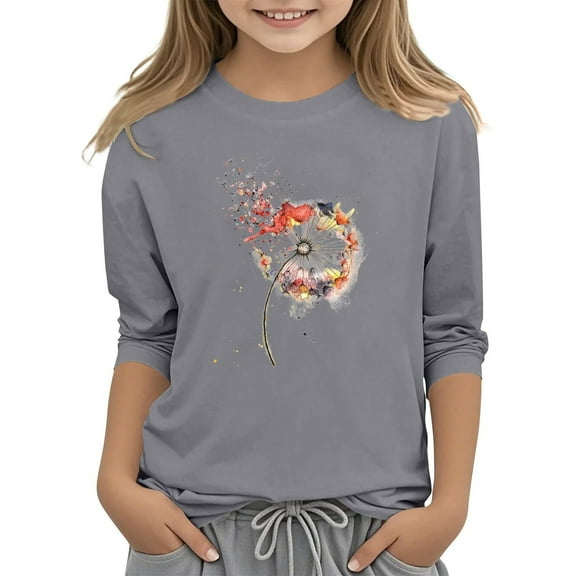 KAUOD 3/4 Length Sleeve T-Shirt for Girls Round Neck Casual Summer Tunic Tops Teens Basic Tees Embroidered Shirts Pleated Blouse