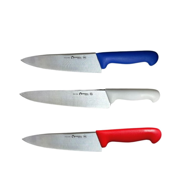 Kit de 3 cuchillos para Chef 8 inch Hoja Acero Inoxidable Mango Ergonómico Color Azul, rojo y blanco Shorbull