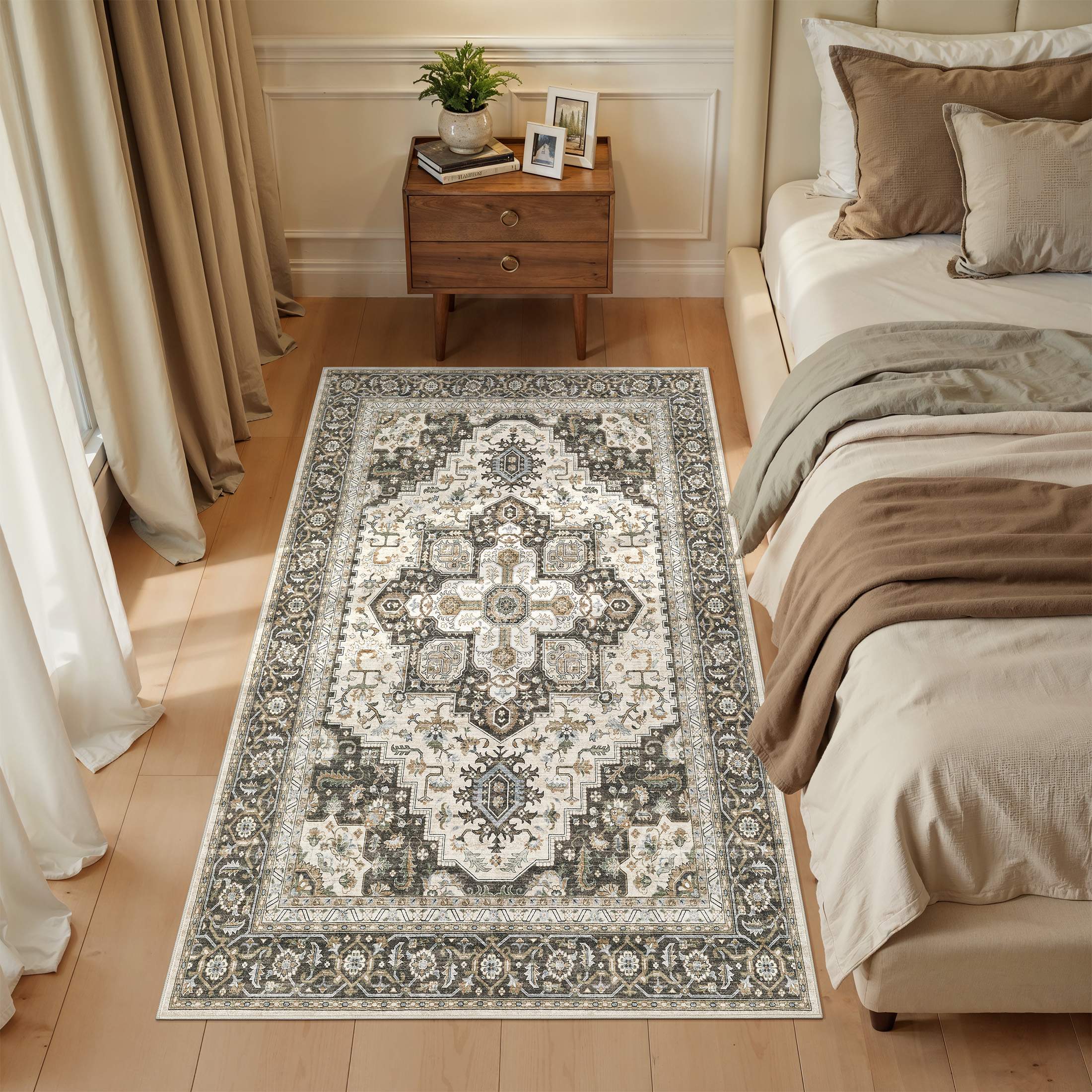 UERMEI 3'x5' Area Rugs, Non-slip Washable Vintage Throw Rugs Carpet for Entrance Entryway Bedroom Laundry Room, Low Pile Indoor Rug Floral Rug Home Decor Carpet, Brown Green