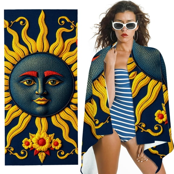 RKSupls Embroidered Sun Microfiber Beach Towel, Extra Large Quick Dry Lightweight Absorbent Towel for Travel Swimming Camping, Soft Super Absorbent- 30x60 in