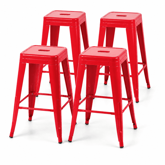 30 Inch Backless Metal Bar Stools, Set of 4, Red, Carry Hole and Four-Sided Footrest