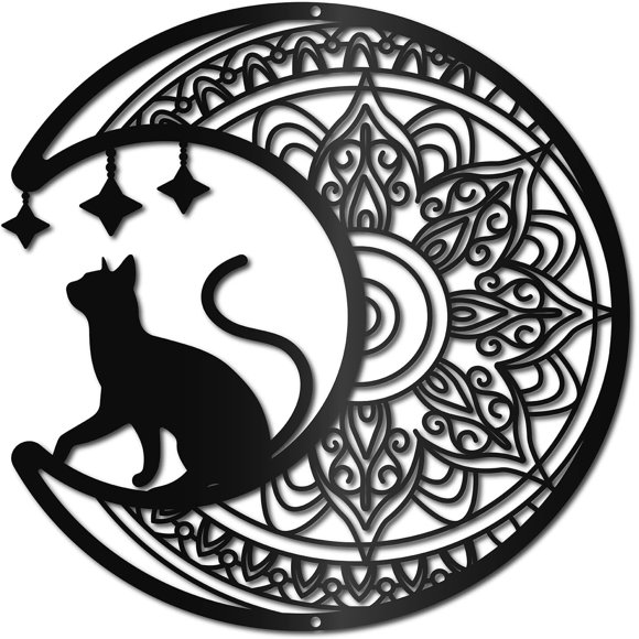 Black Cat Moon Wall Art Mandala Metal Decor Wall Sculptures Gothic Decorative Hanging Pediments Ornament for Home Living Room Kitchen Bathroom Bedroom Housewarming Office 11.8 x 11.8 Inch
