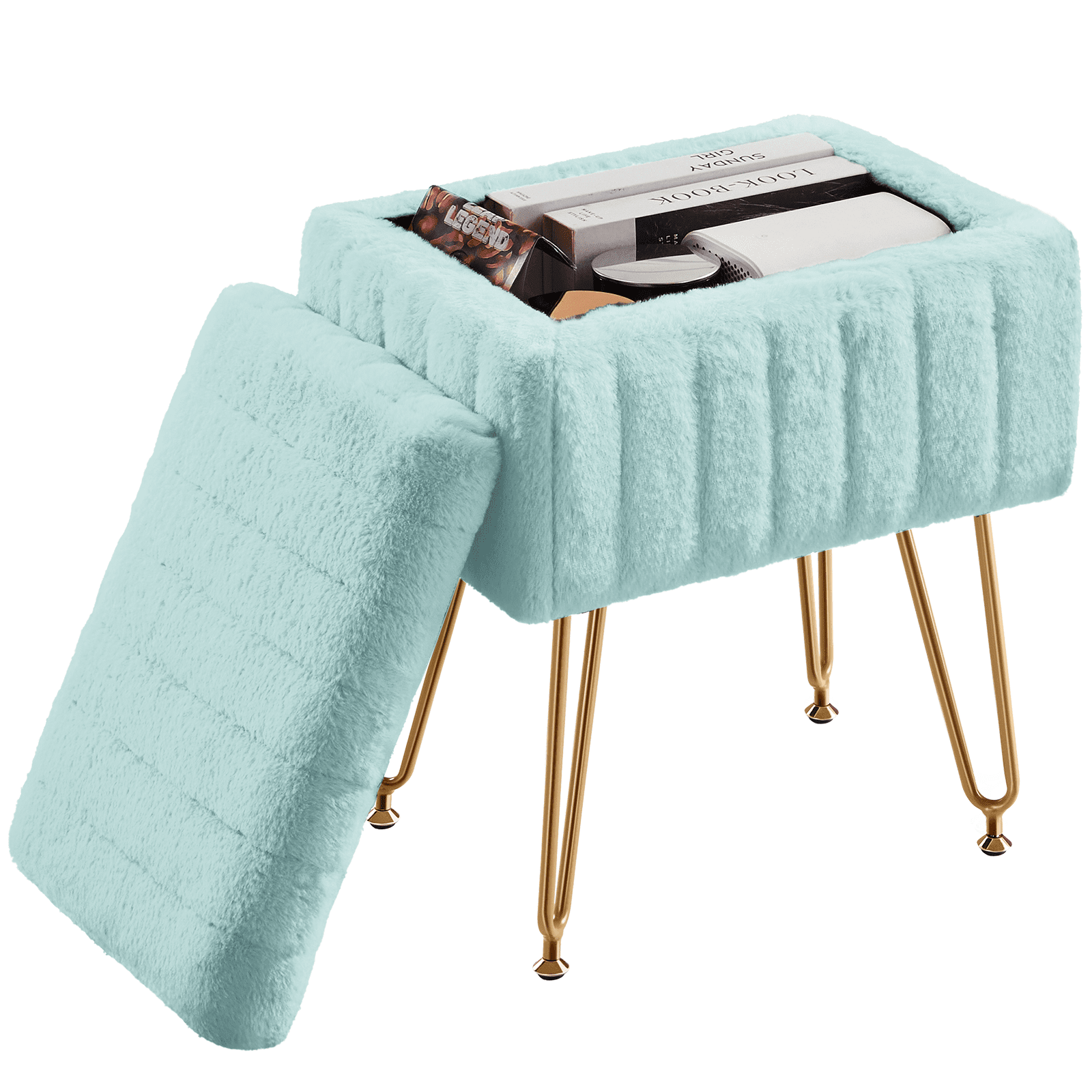 CONCETTA Storage Ottoman Bench, Faux Fur Vanity Footstool with Hidden Storage, Padded Seat & Adjustable Feet for Bedroom, Makeup Room, Entryway,Mint Green