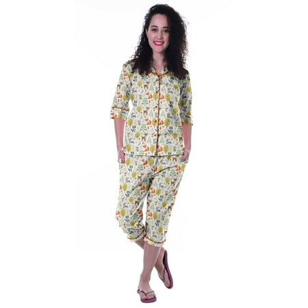 

Moomaya Printed Cotton 3/4 Sleeve Shirt With Capri 2 Piece Nightwear Set Sleepwear For Womens