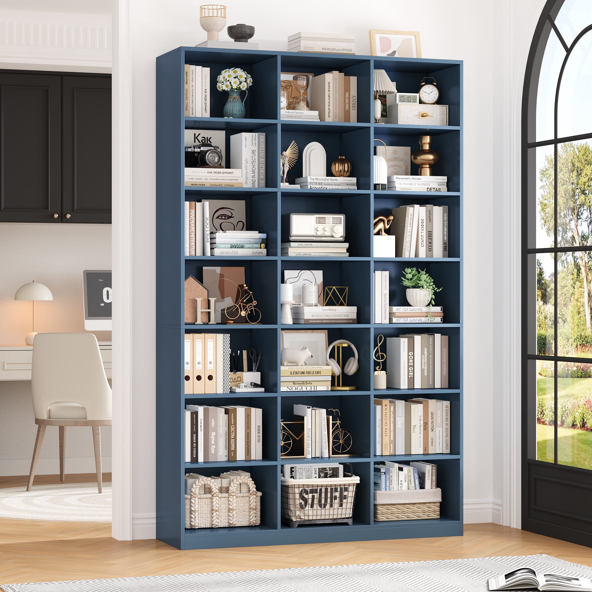 Hiphuta 21-Cube Bookcase, 86"H Tall Wooden Bookshelves for Bedroom, Living Room and Office, Freestanding Display Shelves Cube Organizer, Blue