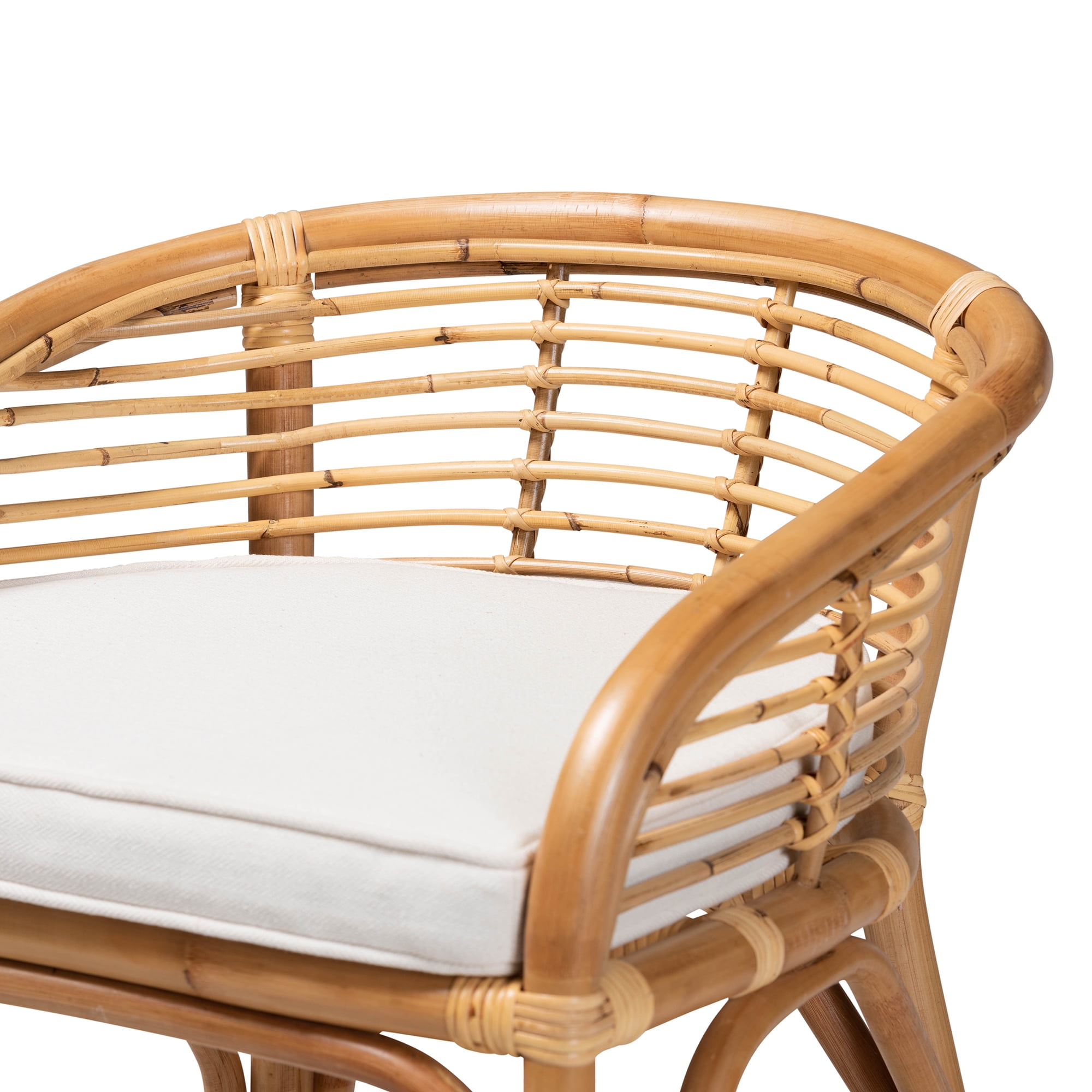 bali & pari Maverick Modern Boho White Fabric Upholstered and Brown Rattan Counter Stool