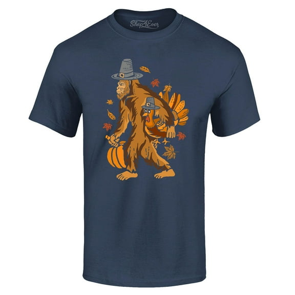Shop4Ever Men's Bigfoot Pilgrim Turkey Pumpkin Thanksgiving Sasquatch Graphic T-shirt XXX-Large Navy
