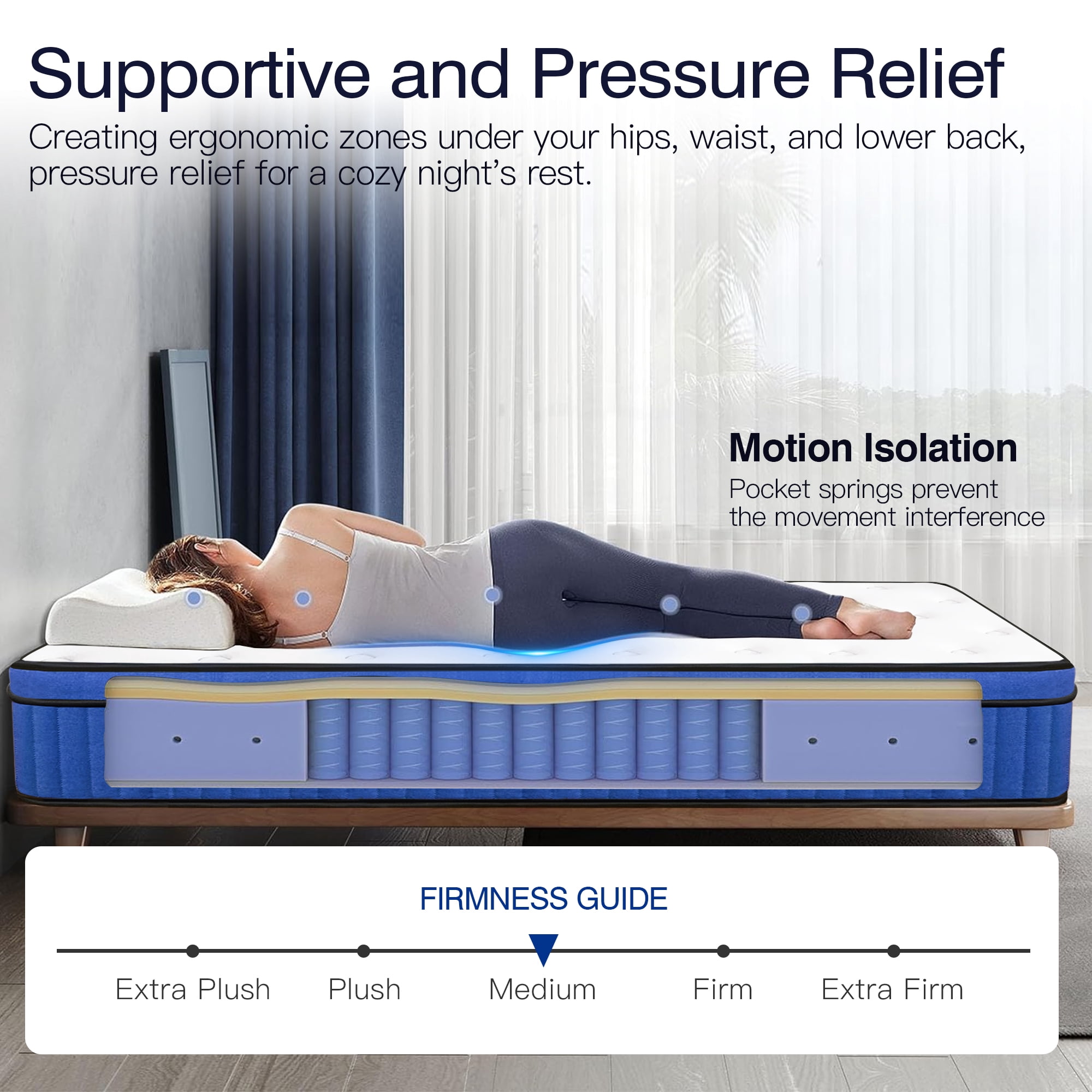 Pucloce 12" Hybrid Queen Mattress, Comfort Gel Memory Foam Innerspring Queen Size Mattress 12 inch, Mattress in a Box, White and Blue