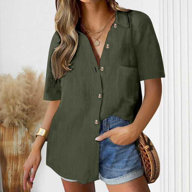 mfyjkho Tops Para Hacer Ejercicio Para Mujer, Camisa De Lino De Color Liso Para Mujer, Camisa Abotonada De Manga Corta Con Cuello Holgado, Informal Tops Para Hacer Ejercicio Para Mujer L
