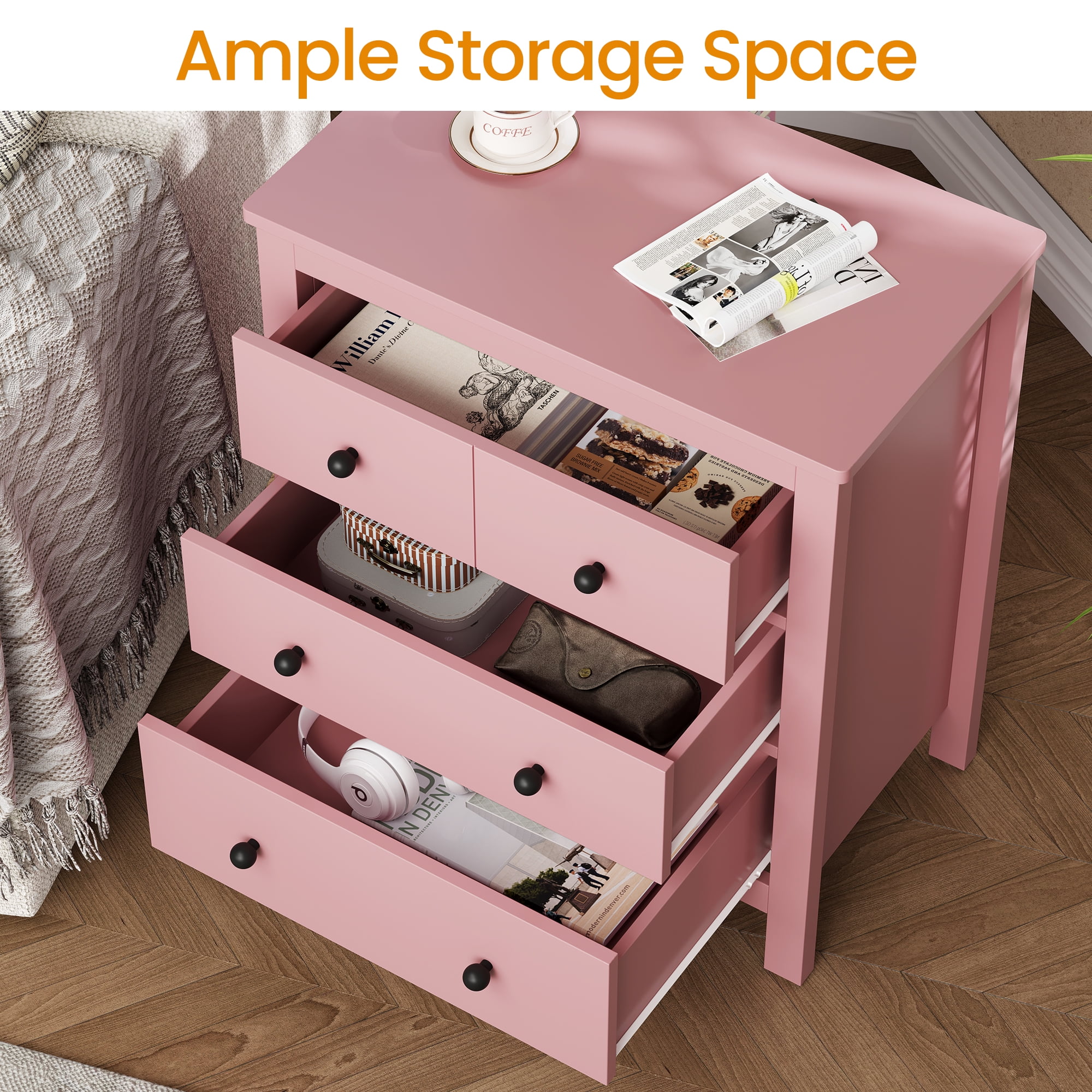 Heynemo 27" Wood Chest of Drawers with Storage Drawers for Living Room, Bedroom, Entryway, Pink