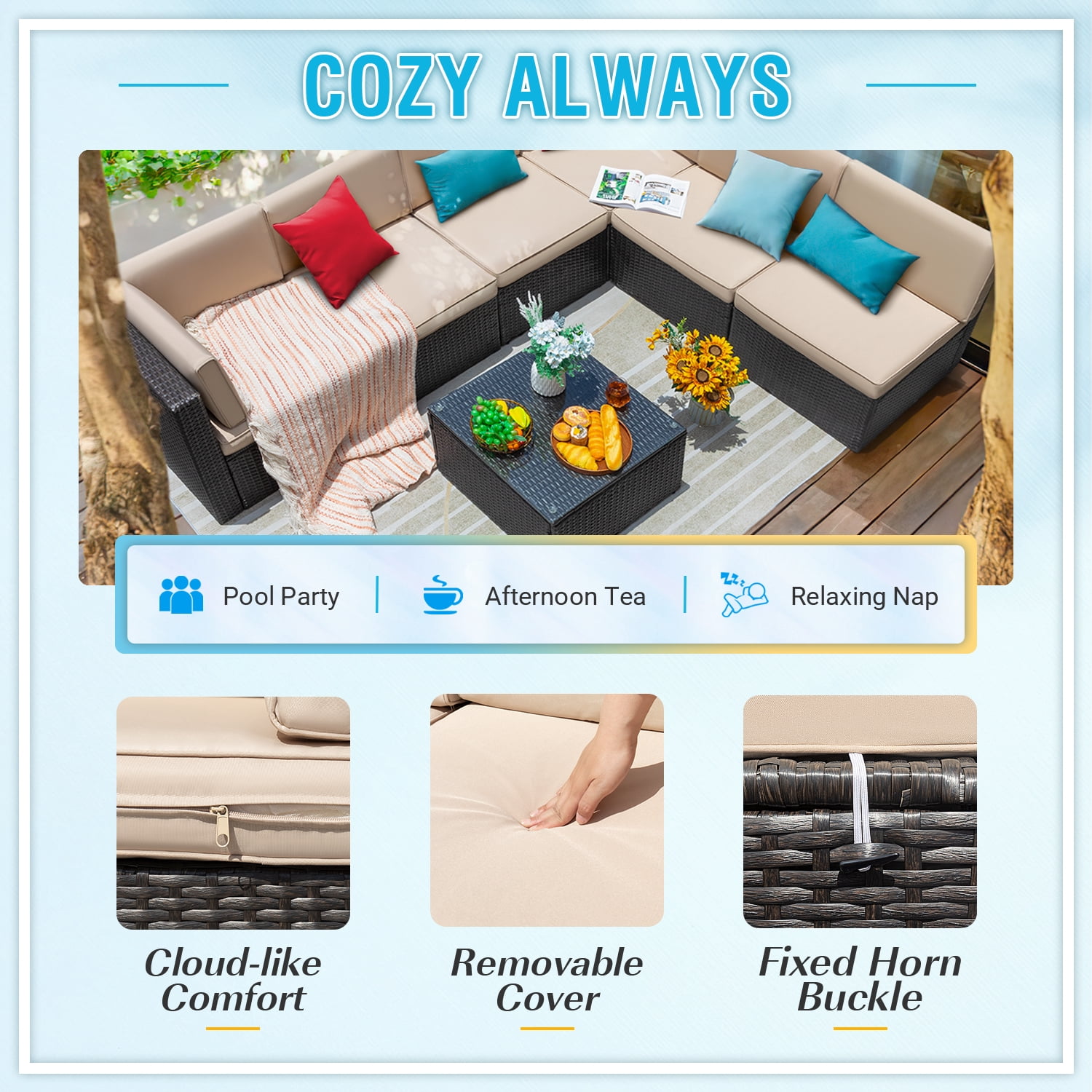 Devoko 7 Pieces Outdoor Sectional Sofa Patio Furniture Sets Manual Weaving Wicker with Cushion and Glass Table, Beige