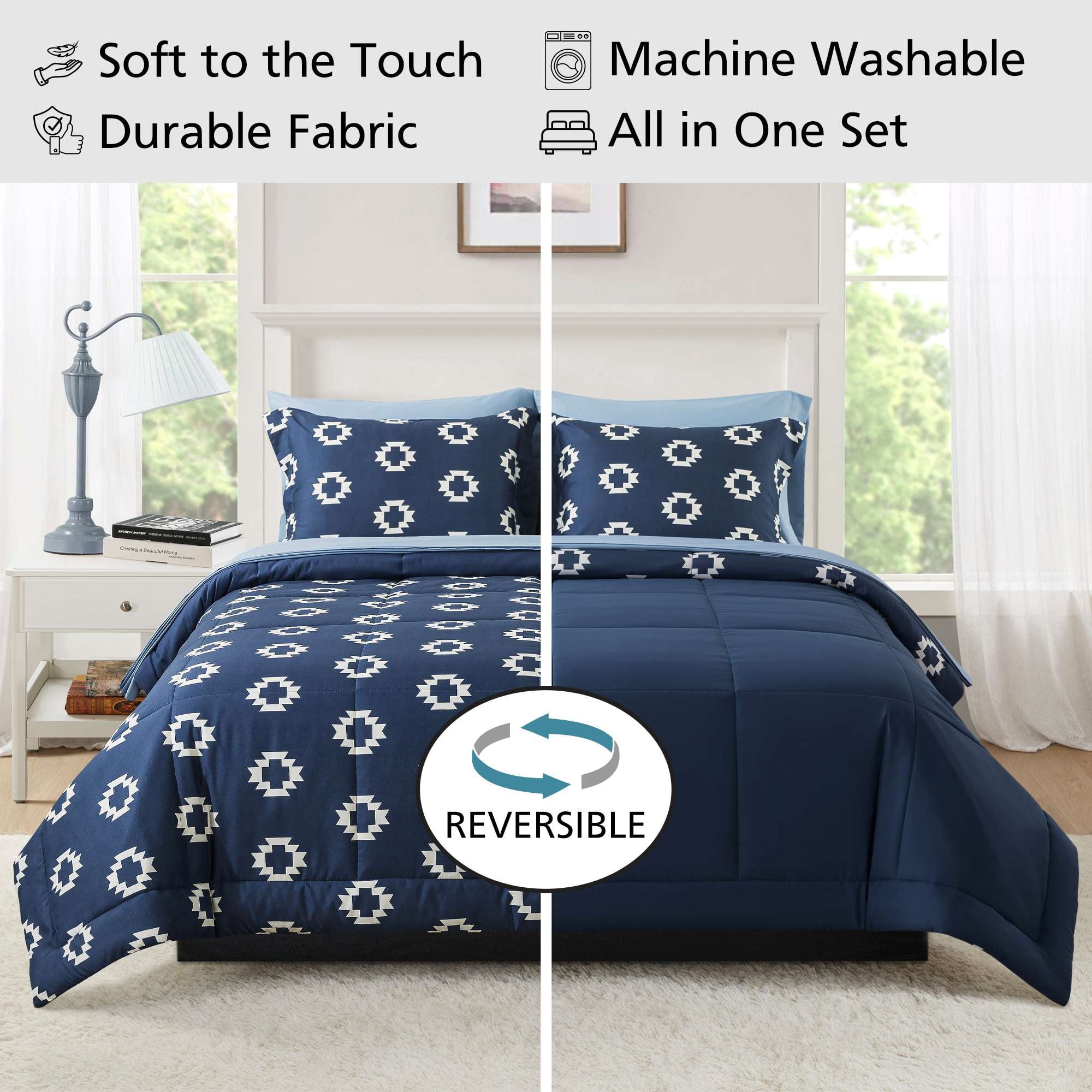 Mainstays All in One Reversible Comforter and Sheet Set, 7-Piece, Queen, Navy Geo