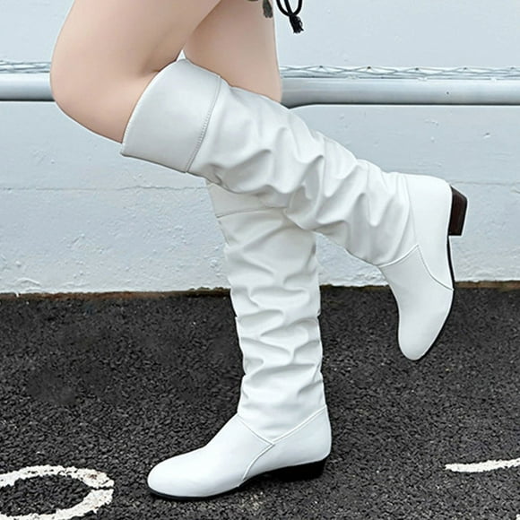 YOUSNH Shoes Knee-High High Women Color Boots Slip-On Heel Solid Round Boots Toe women's boots Women Boots White 6.5-7