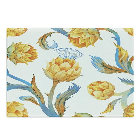 Artichoke Cutting Board, Abstract Colored Vegetables in Art Nouveau Watercolored Design, Decorative Tempered Glass Cutting and Serving Board, Large Size, Earth Yellow Sky Blue, by Ambesonne