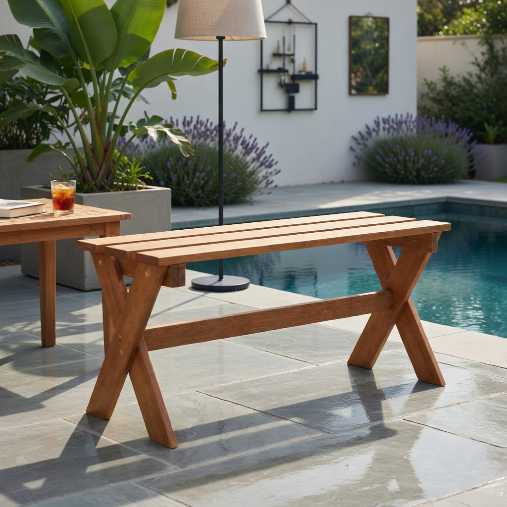 Hommoo 36" Solid Hardwood Outdoor Patio Bench Set of 2, Backless Teak-Oil Finished Dining Benches for Garden, Porch & Deck, Natural
