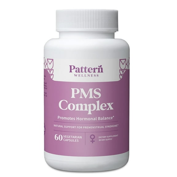 Pattern Wellness PMS Complex - Hormonal Balance, Cramp Relief, Mood Support,   Period Pain Symptoms - Essential Vitamins, Minerals, & Herbal Extract Blend for Women - 60 Vegan Capsules