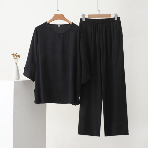 Sakmal Soft Women Pajama Sets 2pc Black Lounge Long Sleeve Top and Pants Round Neck Loose Fit with Pockets Comfy Sleepwear for Women 3XL-5XL