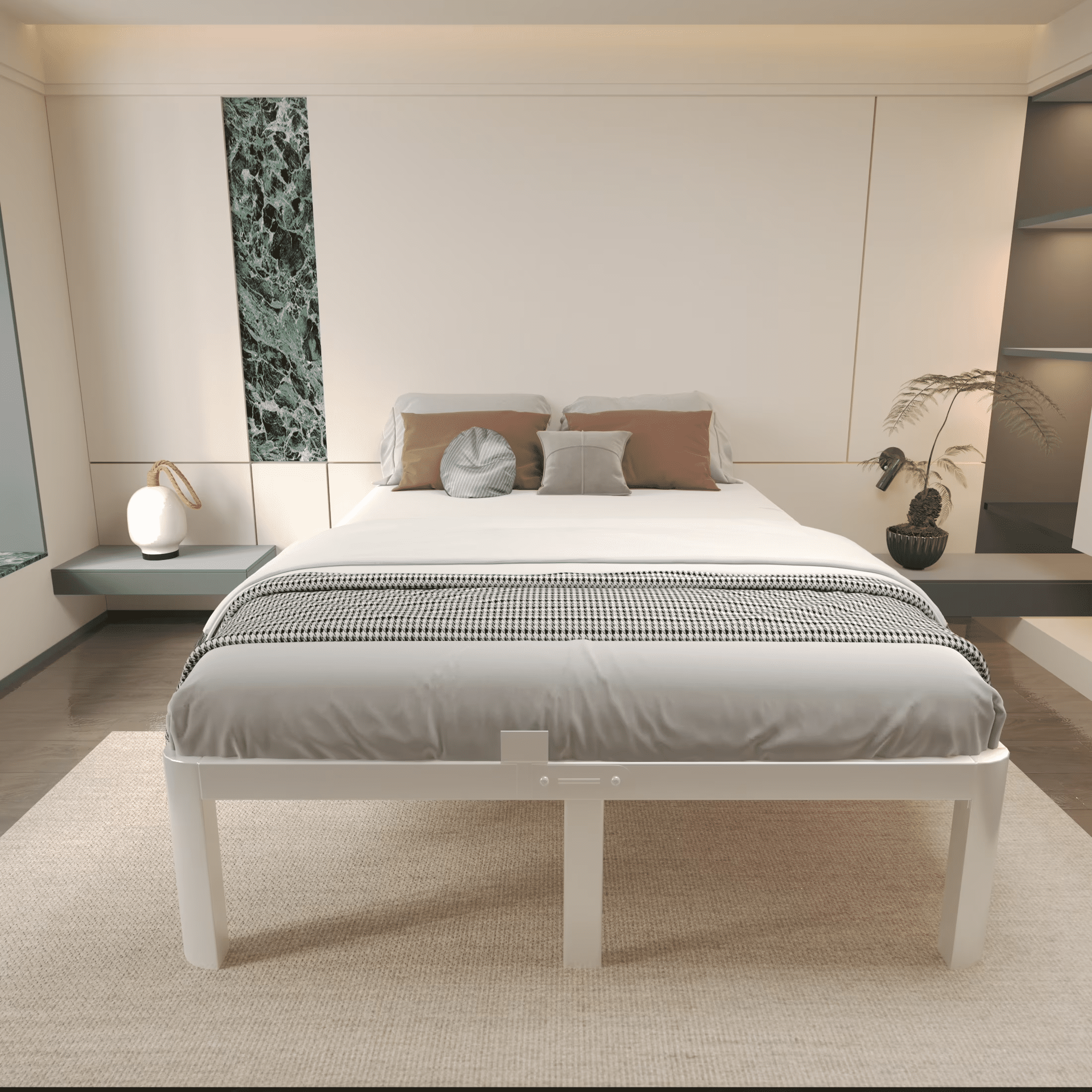 VHAHA White Bed Frame Queen Size 16 Inch, Metal Queen Bed Frame No Box Spring Needed, Heavy Duty Steel Support 3500 LBS, DIY Headboard, Noiseless, Round Corner Legs, Storage Space, Easy Assembly