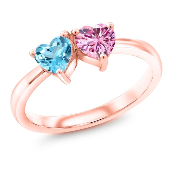 Gem Stone King 18K Rose Gold Plated Silver Fashion Right-Hand Ring 5MM Heart Shape Swiss Blue Topaz and 5MM Heart Shape Vivid Pink Moissanite | 1.05 Cttw (Size 6)