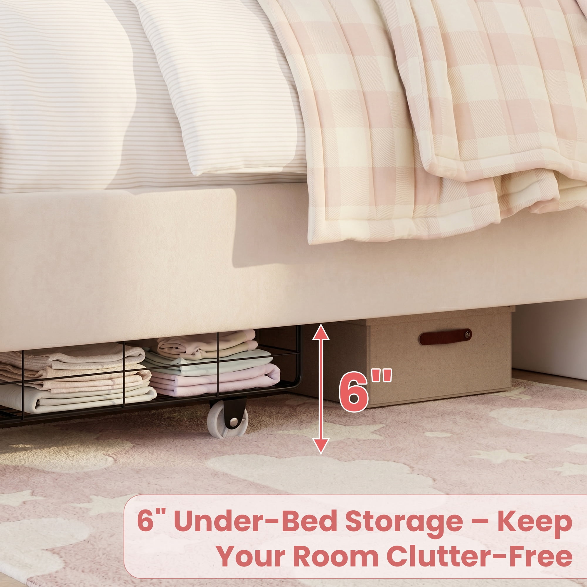 Hijob Full Size LED Bed Frame for Girls/Kids with Storage Drawers, Velvet Upholstered Platform Bed with Adjustable Headboard, Built in Charging Station, Beige