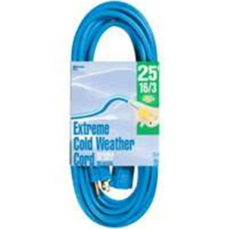 Woods 2434 16/3 Outdoor Cold-Flexible SJTW Extension Cord, Blue with Lighted End, 25-Foot