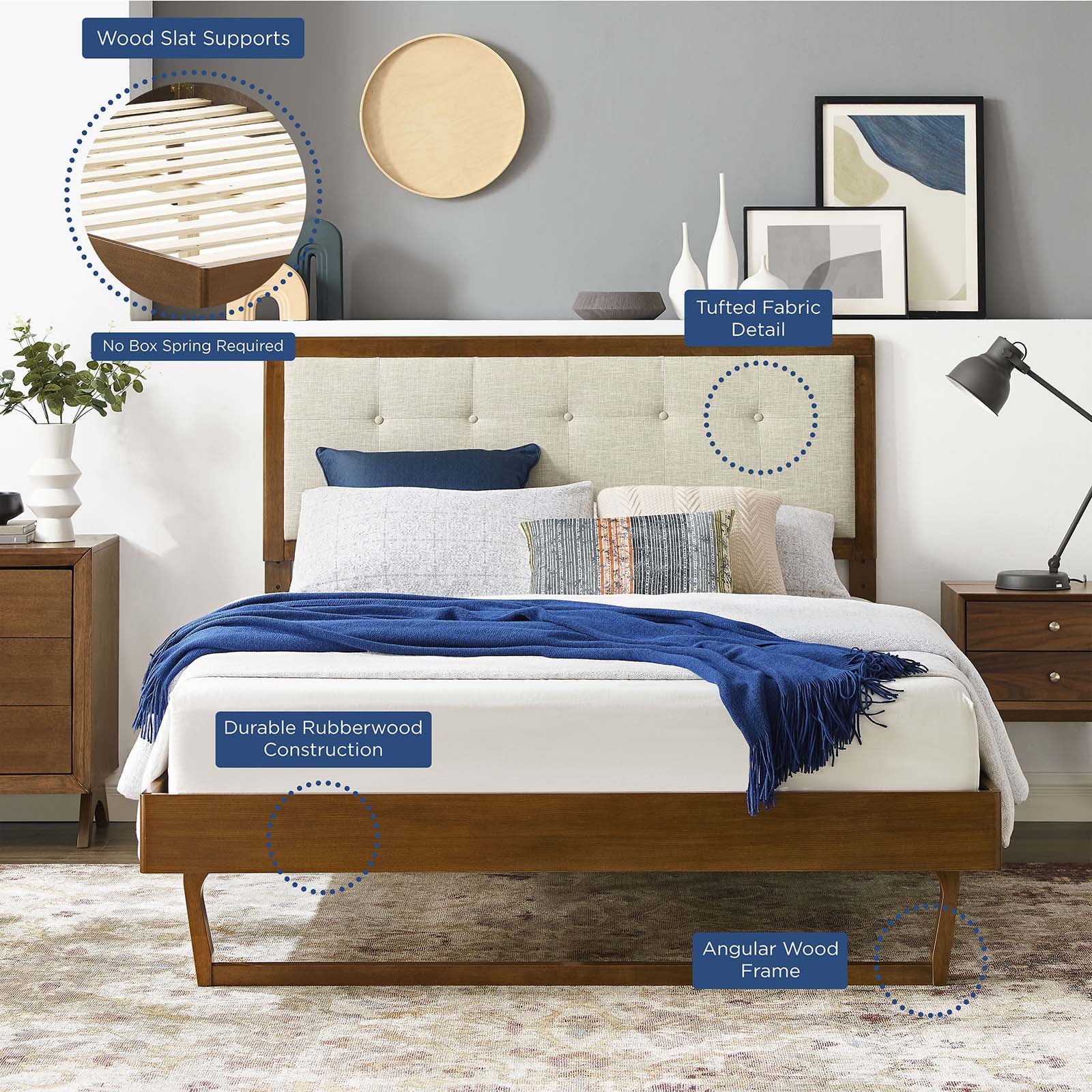 Platform Bed Frame, King Size, Wood, Brown Walnut Beige, Modern Contemporary Urban Design, Bedroom Master Guest Suite