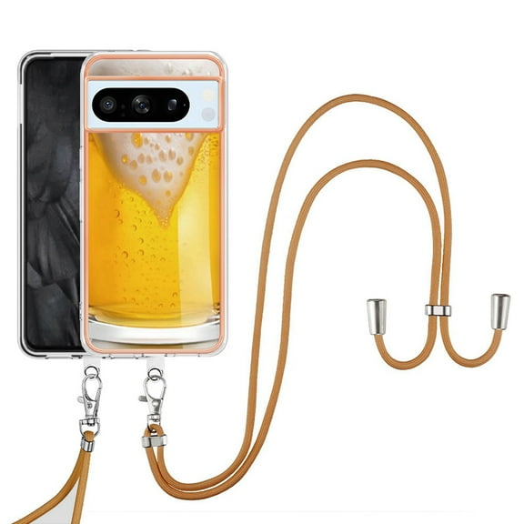 for Google Pixel 8 Crossbody Strap Phone Case, Anti-Fall Pattern Clear Design Transparent Soft & Flexible TPU Drop and Shockproof Protective Cover with Adjustable Nylon Neck Strap, Draft Beer