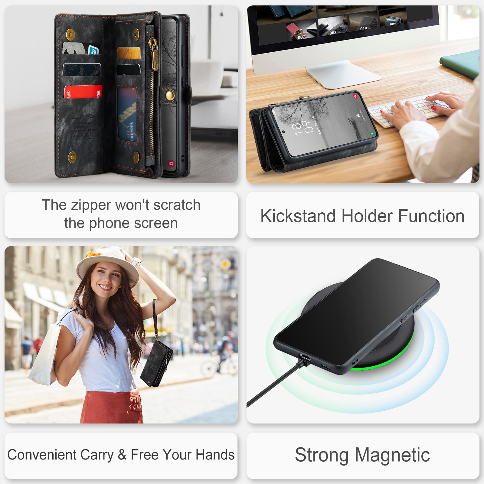 Allytech Magnetic Detachable Wallet Case for Samsung Galaxy A16 5G with Card Slots & Zipper Pocket, Support Wireless Charging, PU Leather Wrist Strap Shockproof Full Protection Flip Case, Black