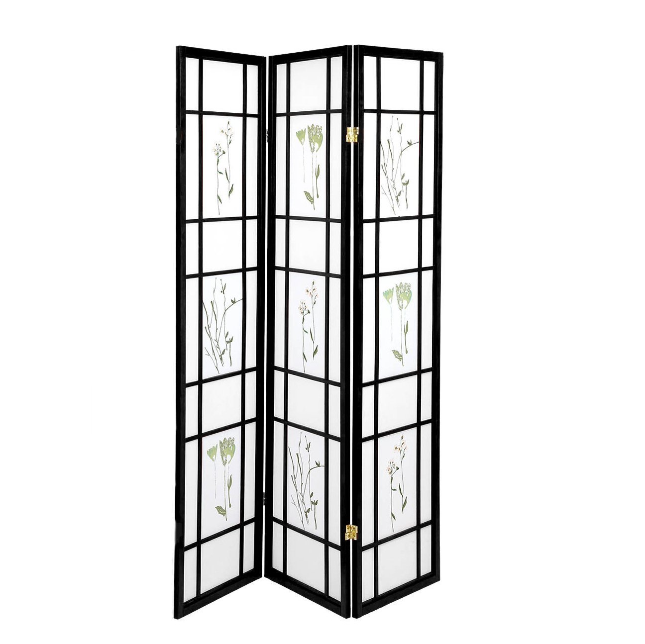 Oriental Room Divider Curtains Hardwood Shoji Panels Screen 3 Panel Small FloweredBlack