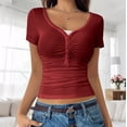thumbnail image 4 of FRSASU Womens Short Sleeve Shirts V Neck Rib Knit Slim Fit Tops Casual Stretch Basic Tee Going Out Top Summer Fashion Wine, 4 of 6