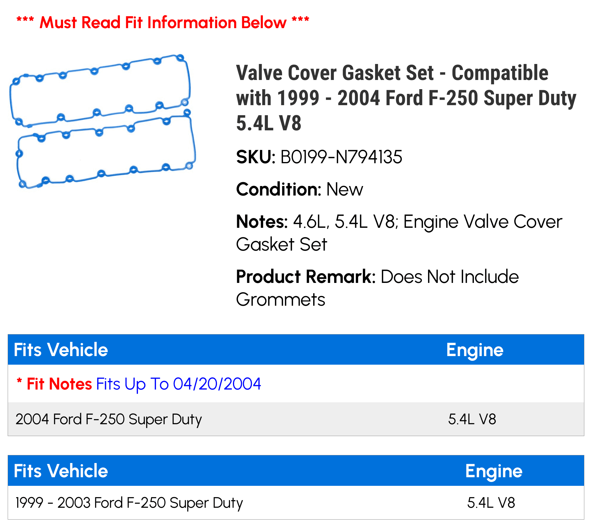 Valve Cover Gasket Set - Compatible with 1999 - 2004 Ford F-250 Super Duty 5.4L V8 2000 2001 2002 2003