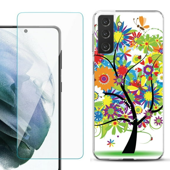 Slim-Fit TPU Fashion Phone Case for Samsung Galaxy S21 FE 5G Fan Edition, with Tempered Glass Screen Protector, by OneToughShield ® - Colorful Tree