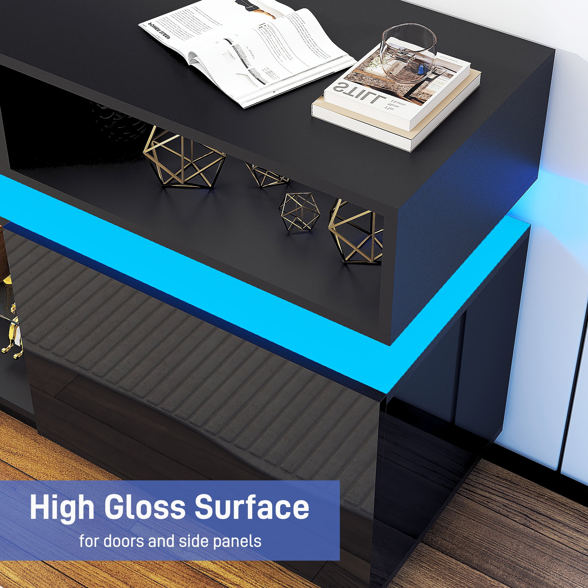 ChVans LED TV Stand for up to 80" TVs with Power Outlet, Modern Tall Entertainment Center with Storage, High Gloss Gaming TV Media Console with 2 Storage Cabinets for Living Room, Bed Room