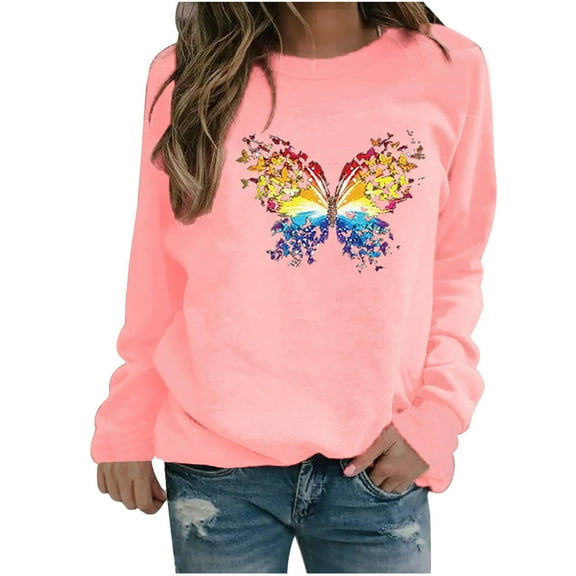 Jacenvly Valentine'S Day Shirts for Women Round Neck Blouse Loose Long Sleeve Shirt Lightweight Butterfly Print Winter Womens Casual Tops Ladies Sweatshirt Tee Sweater Pink