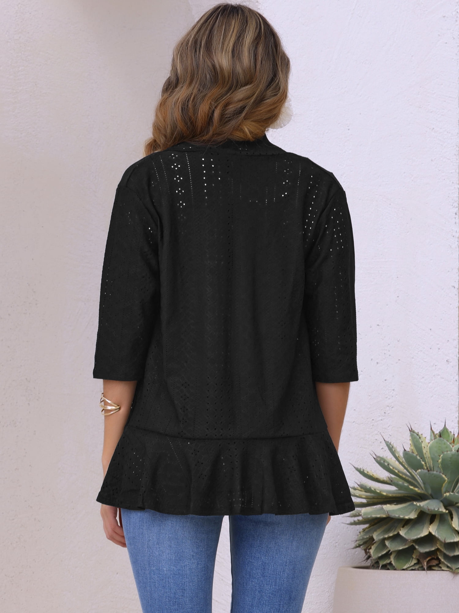 DARING DIVA Womens Open Front 3/4 Sleeve Draped Ruffles Eyelet Cardigans S Black