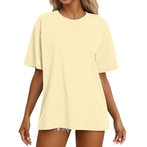 Bmisegm Womens Casual Round Neck Top Casual Womens T Shirts Short Sleeve Round Neck Basic Top Spring and Summer Ladies Shirts Light Yellow M