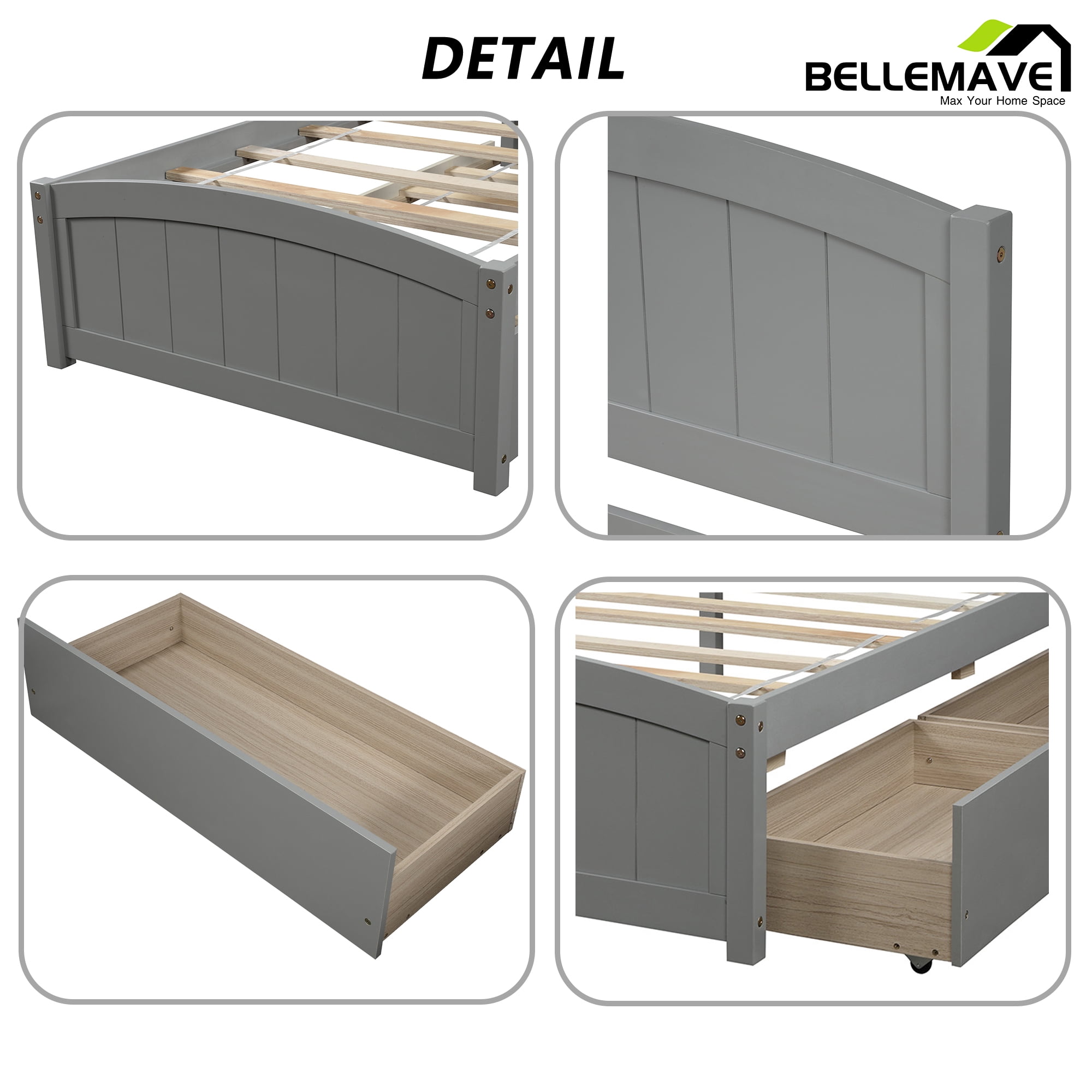 Twin Platform Bed Frame with Storage Drawer, Twin Bed Frames with Headboard and Slats, Twin Size Platform Bed Frame(Gray)